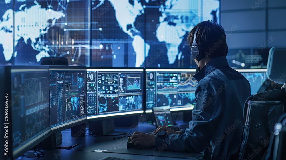high-tech security operations center where analysts monitor and respond to cybersecurity threats on a global digital map high-tech security operations center where analysts monitor and respond to cybersecurity threats on a global digital map