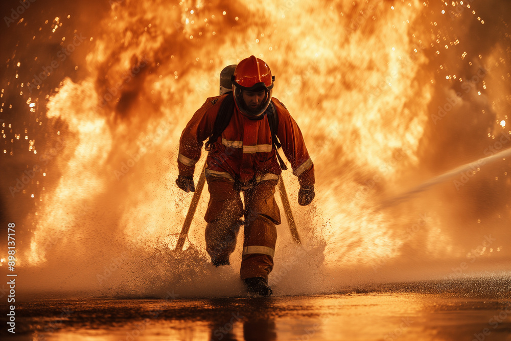 Fireman, firefighters in the middle of dangerous emergency fire, everyday heros Fireman, firefighters in the middle of dangerous emergency fire, everyday heros