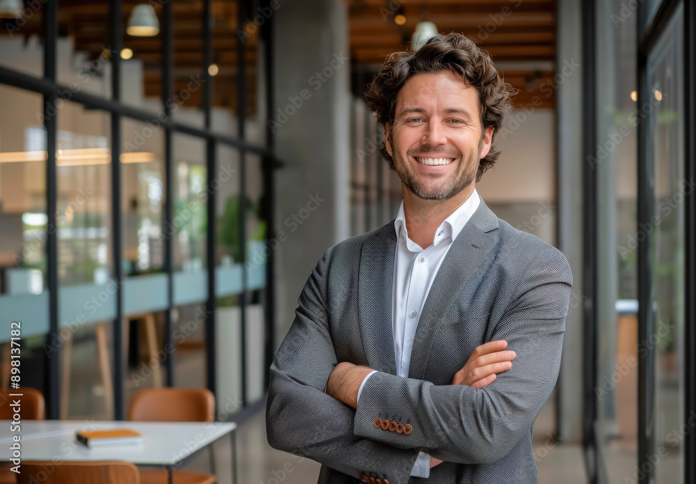 Cheerful Business Leader in Open Workspace. A man with light skin and curly brown hair, mid-30s, dressed in a grey blazer, stands smiling in a modern office with glass walls and a welcoming ambiance.
Cheerful Business Leader in Open Workspace. A man with light skin and curly brown hair, mid-30s, dressed in a grey blazer, stands smiling in a modern office with glass walls and a welcoming ambiance.