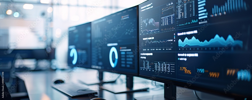 Business workspace with high-tech analytics dashboard on a large screen Business workspace with high-tech analytics dashboard on a large screen