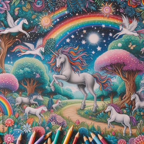 142 86 Children's drawing of a magical forest with unicorns and