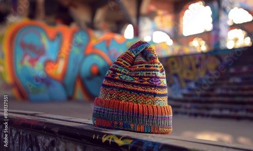 old knitted beanie with colorful patterns on skateboard park railings with graffiti-covered walls and skatepark half pipe in background photo