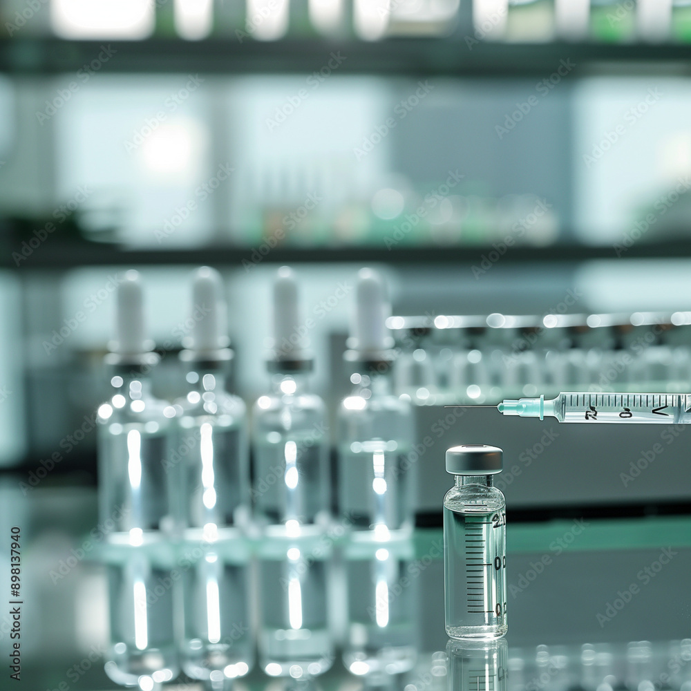 Close-up view of a syringe and a small vial with a clear liquid, placed on a reflective laboratory surface with several dropper bottles in the background, representing medical research and healthcare Close-up view of a syringe and a small vial with a clear liquid, placed on a reflective laboratory surface with several dropper bottles in the background, representing medical research and healthcare