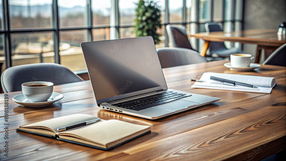 Sleek silver laptop lies open on a modern wooden desk, surrounded by empty coffee cups, notebooks, and scattered papers, amidst a busy workspace atmosphere.