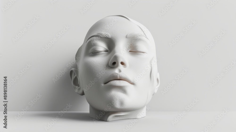 A minimalist white sculpture of a woman's face with closed eyes, against a clean white background. A minimalist white sculpture of a woman's face with closed eyes, against a clean white background.