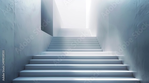 A minimalist white staircase leads upwards towards a bright, open doorway.  The light shines in, illuminating the steps and creating a sense of hope and possibility.
