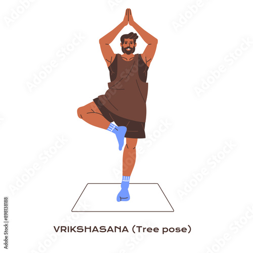 Tutorial of Vrikshasana. Athlete practices balance in tree pose. Sportsman training in yoga posture, asana. Young man does sport exercise on mat. Flat isolated vector illustration on white background