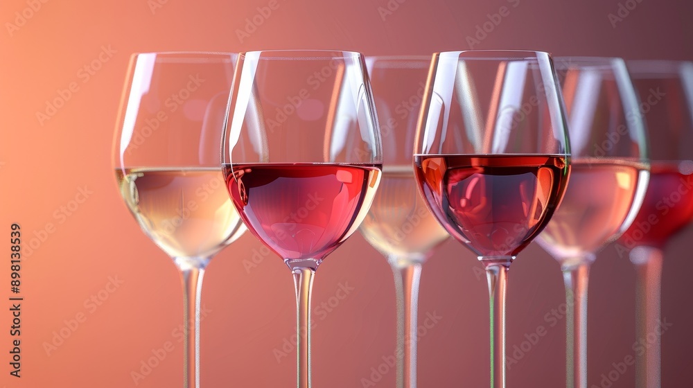 A row of wine glasses filled with different shades of white and rose wine. The glasses are set against a blurred pink background.