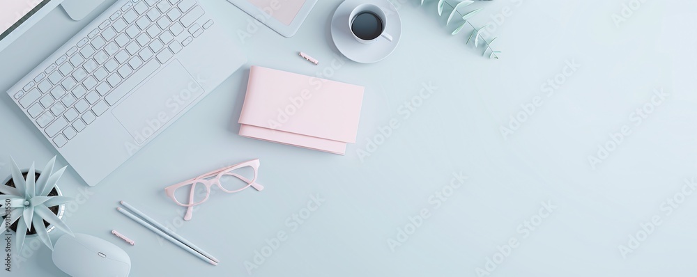 A soothing workspace with pastel SEO graphs, emphasizing content creation in a fresh digital marketing approach