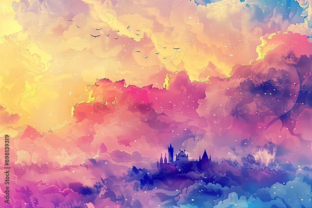 Vibrant fantasy landscape with colorful clouds and a distant castle. Dreamlike sky and surreal scene perfect for visionary projects. Vibrant fantasy landscape with colorful clouds and a distant castle. Dreamlike sky and surreal scene perfect for visionary projects.