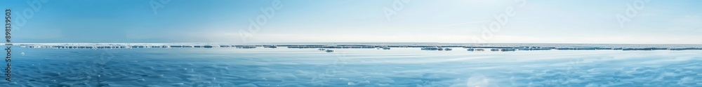 Fototapeta premium Serene Lake Salt Scenery, Tranquil Waters and Sky, Salt Crystals on Surface, Horizon in Distance, Bright Sunlight - Ideal for Atmosphere of Tranquility and Simplicity, Clarity in Light Blue