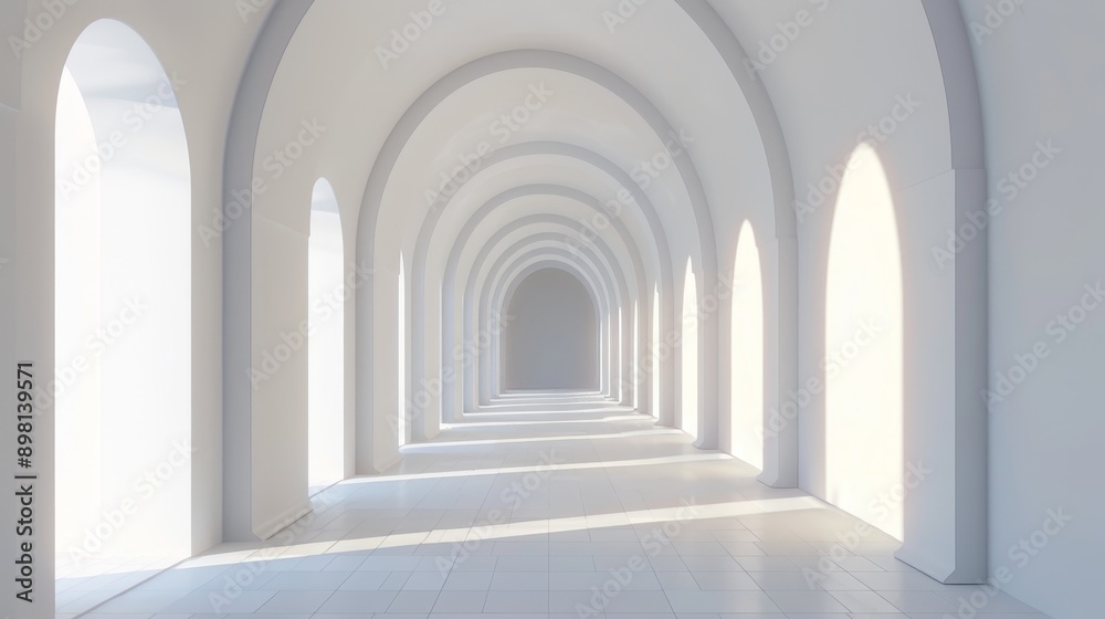 Obraz premium A minimalist hallway with arches and bright light. The white walls and floor create a clean and spacious feel.