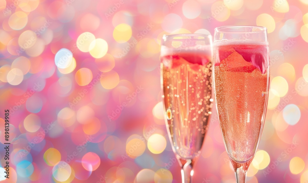 Pink rose champagne glasses close up, bokeh lights background. New year, Valentines day celebration toast festive rose gold blur pink champagne sparkle glitter web banner copy space Pink rose champagne glasses close up, bokeh lights background. New year, Valentines day celebration toast festive rose gold blur pink champagne sparkle glitter web banner copy space