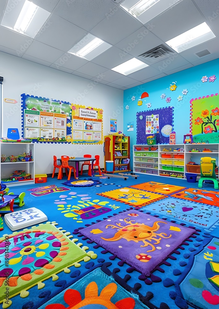 Fototapeta premium A brightly decorated kindergarten classroom with colorful rugs, educational toys, and vibrant wall art. The room is inviting for young learners.