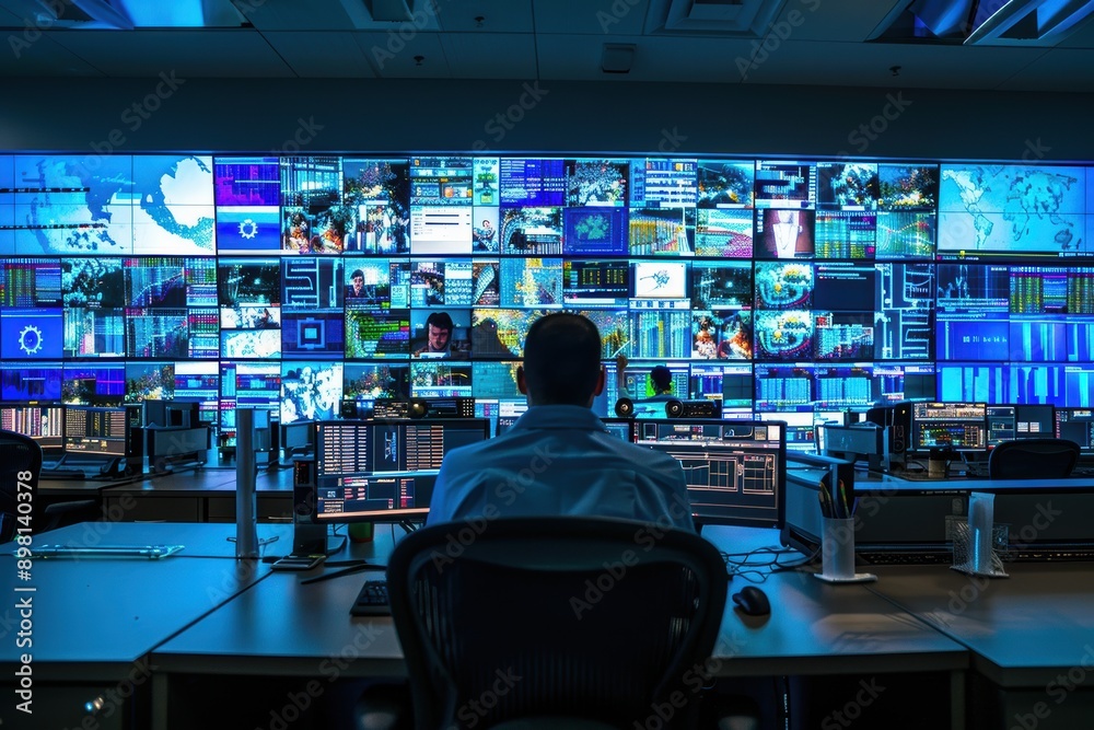A high-tech cybersecurity command center with analysts monitoring multiple screens displaying real-time cyber threats and defenses A high-tech cybersecurity command center with analysts monitoring multiple screens displaying real-time cyber threats and defenses