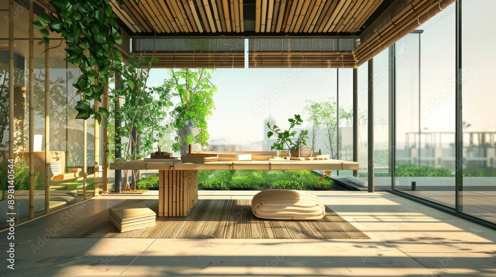 minimalist and eco-friendly office with a bamboo desk, organic materials, and a view of a green rooftop minimalist and eco-friendly office with a bamboo desk, organic materials, and a view of a green rooftop