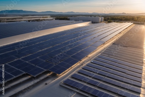 Aerial View of a Building with Extensive Solar Panels on the Roof