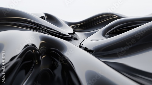 Abstract 3D rendering of black flowing liquid or viscous substance. Smooth, organic shapes create a dynamic and futuristic background. © Aris Suwanmalee