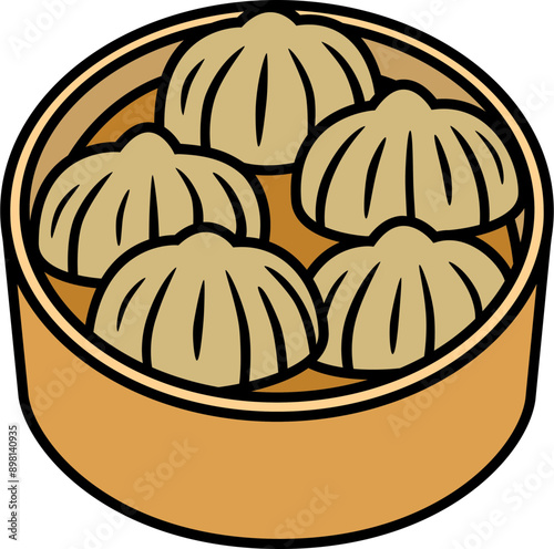 Illustration of steamed dumplings in a bamboo steamer drawn with black lines
