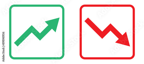 Graph going Up and Down sign with green and red arrows vector. Flat design vector illustration concept of sales bar chart symbol icon with arrow moving down and sales bar chart with arrow moving up.