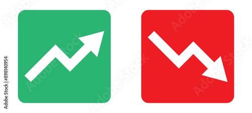Graph going Up and Down sign with green and red arrows vector. Flat design vector illustration concept of sales bar chart symbol icon with arrow moving down and sales bar chart with arrow moving up.