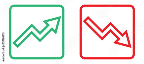 Graph going Up and Down sign with green and red arrows vector. Flat design vector illustration concept of sales bar chart symbol icon with arrow moving down and sales bar chart with arrow moving up.