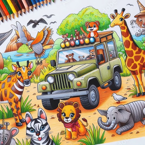 142 41 Children's drawing of a safari adventure with wild animal