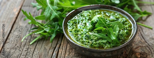 Pesto with arugula in a bowl. Selective focus.