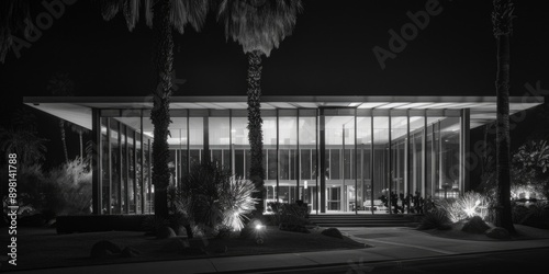 A city building at night, captured in black and white