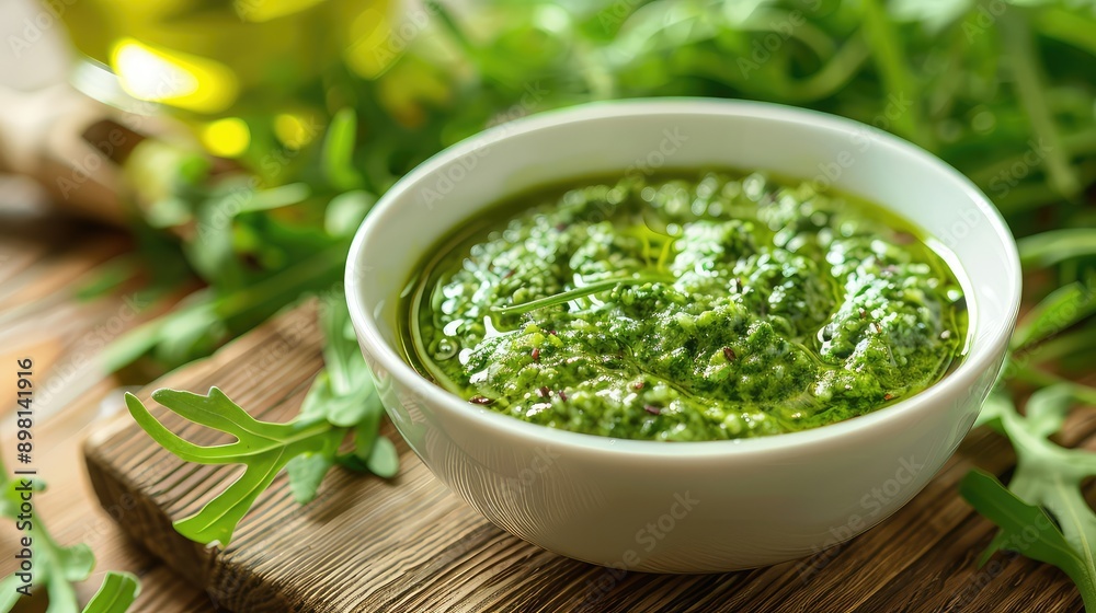 Pesto with arugula in a bowl. Selective focus. Pesto with arugula in a bowl. Selective focus.