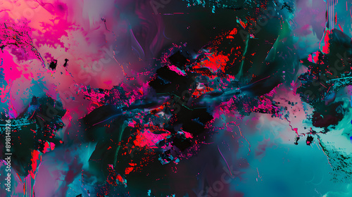 Bright abstract artwork featuring splashes of vivid pink, teal, and black colors, creating a dynamic and energetic visual experience with layers and textures