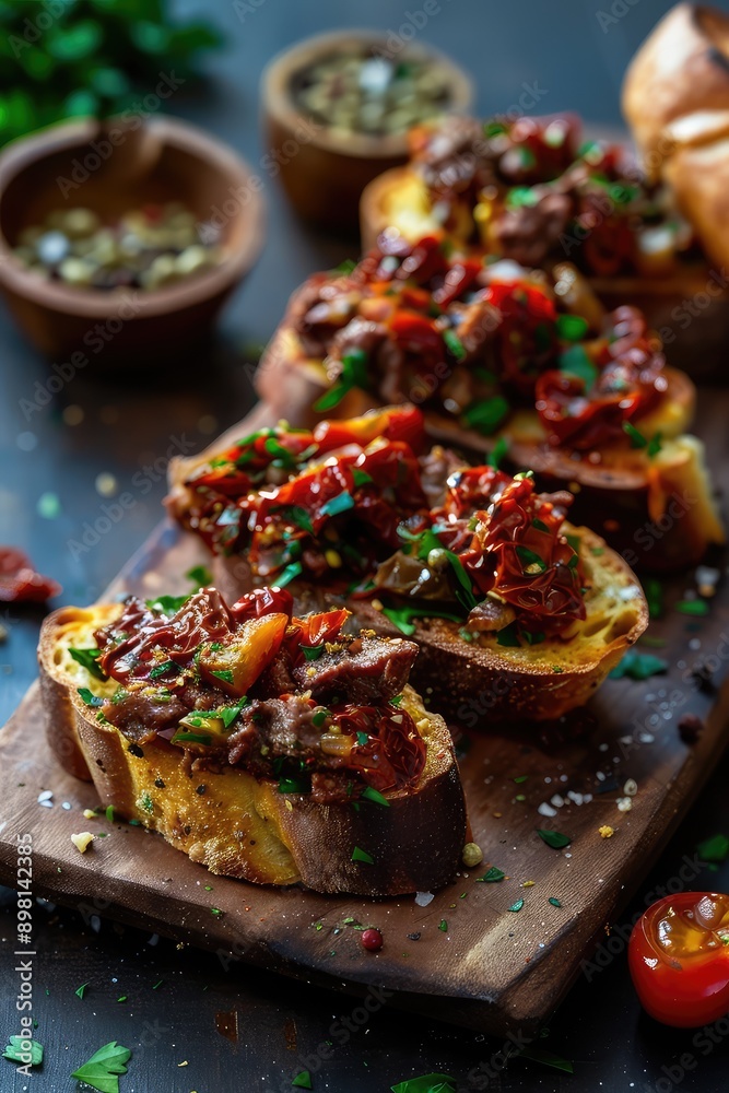 Bruschetta with sun-dried tomato salad. Selective focus. Bruschetta with sun-dried tomato salad. Selective focus.