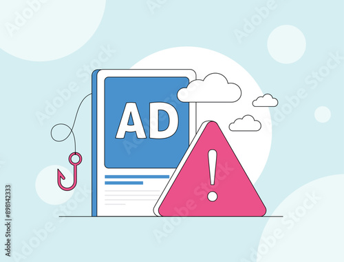 Ad fraud concept. Advertising click fraud, bot fake traffic in ad network digital marketing. Impression fraud, online scams with fraudulent activity, Ads ROI loss. Isolated vector illustration