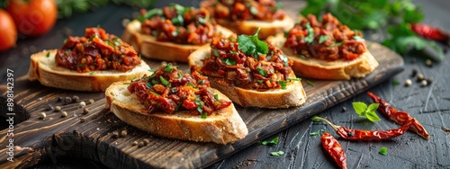 Wallpaper Mural Bruschetta with sun-dried tomato salad. Selective focus. Torontodigital.ca