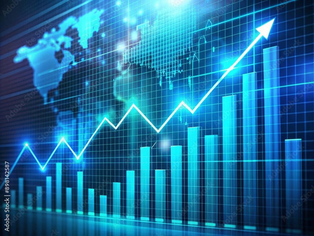 Upward trending line graph on a futuristic digital screen displaying growth in stock market investment, with rising bars and increasing profits. Upward trending line graph on a futuristic digital screen displaying growth in stock market investment, with rising bars and increasing profits.