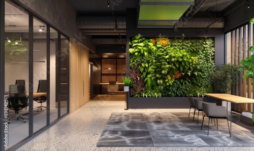 Exterior of an office with a vertical garden and plants. Eco-friendly space