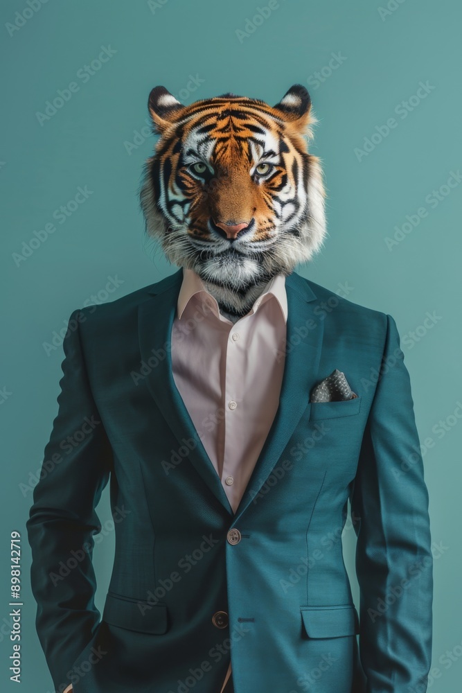 animal tiger jungle concept Anthromophic friendly wearing suite formal business suit pretending to work in coporate workplace studio shot on plain color wall