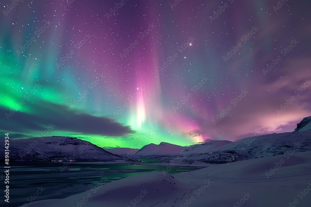 Breathtaking view of the northern lights illuminating a winter landscape with vibrant colors and a serene atmosphere. Breathtaking view of the northern lights illuminating a winter landscape with vibrant colors and a serene atmosphere.