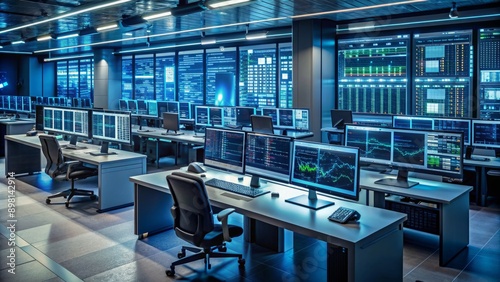 Focus on rows of sleek computer monitors displaying complex data streams and coding languages, surrounded by technical equipment in a dimly lit operations room. photo