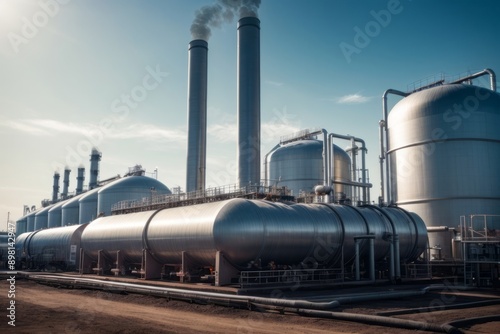 Industrial complex with tall chimneys emitting smoke