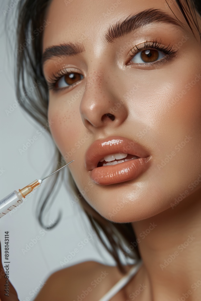 Turkish woman face close-up with elegant updo, white top on gray background. Beauty studio promo with syringe needle touching lip for lip augmentation. Fashion editorial style image. Turkish woman face close-up with elegant updo, white top on gray background. Beauty studio promo with syringe needle touching lip for lip augmentation. Fashion editorial style image.