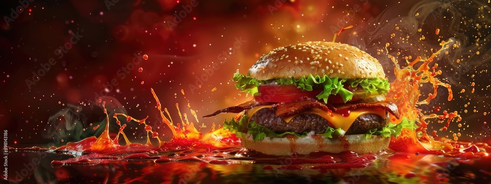 Burger on a burning background. Selective focus. Burger on a burning background. Selective focus.