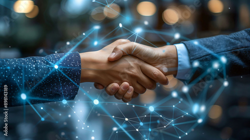 Professional Man and Woman Shaking Hands After cooperating in Office with Big Data Blue Connections Background, in Well-Lit White Background Setting