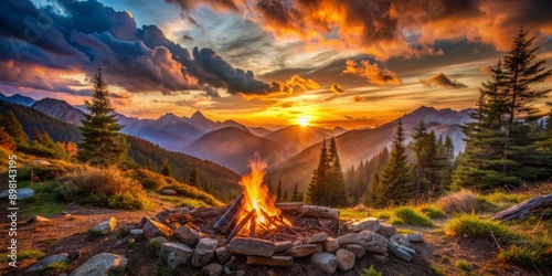 Warm golden light spreads across the serene mountain landscape as a tranquil campfire crackles beneath a vibrant orange and pink sunset sky.