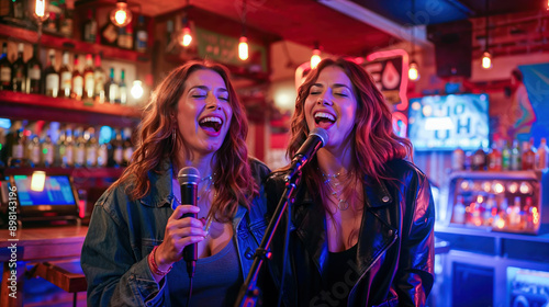 deux copines souriante en train de chanter à un karaoké dans un bar photo