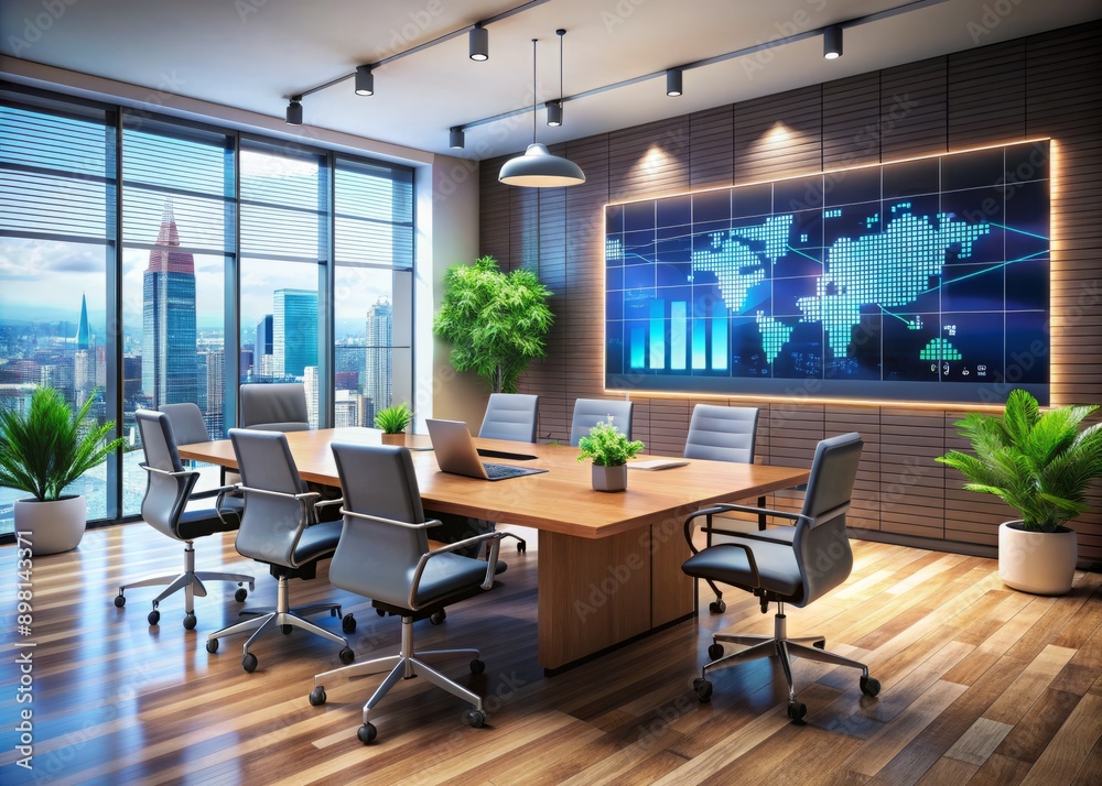 Modern office setting with sleek furniture, digital displays, and financial charts on walls, evoking dynamic teamwork and strategic planning for business growth and investment success. Modern office setting with sleek furniture, digital displays, and financial charts on walls, evoking dynamic teamwork and strategic planning for business growth and investment success.