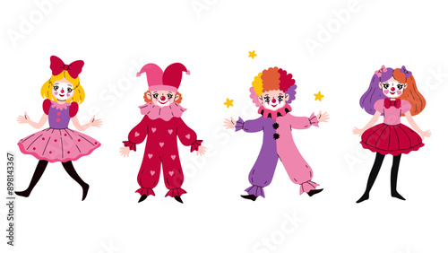 Set of funny four clowns boys and girls. Vector graphics.