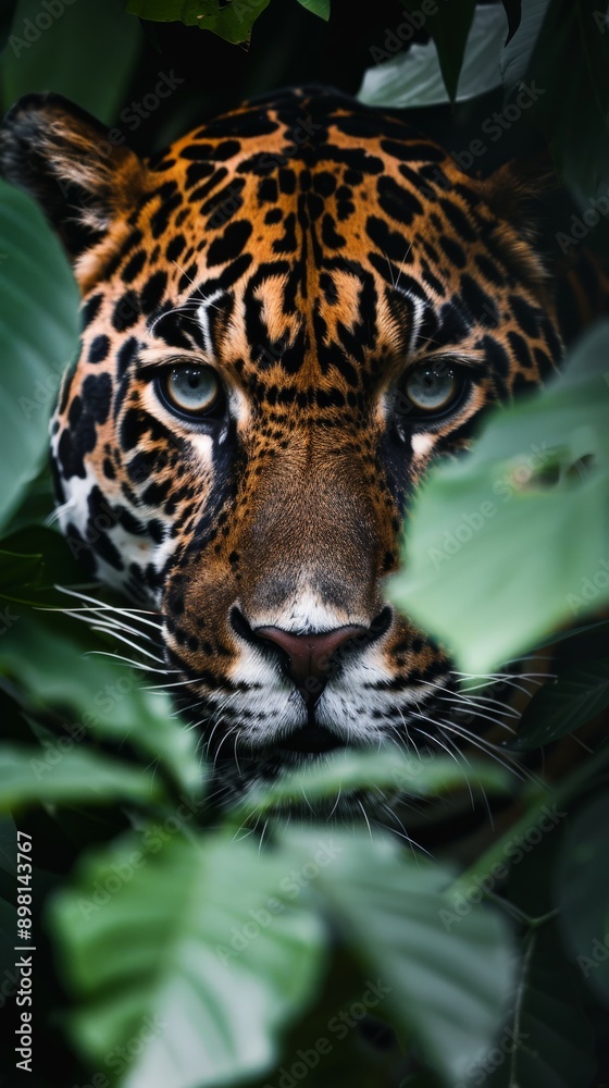 Obraz premium A jaguar peers intently from behind a wall of vibrant rainforest leaves