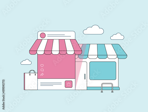 Online shopping vs offline store compares e-commerce convenience and variety with physical retail in-person experience. Traditional shop mall building and e-commerce mobile social shopping store app