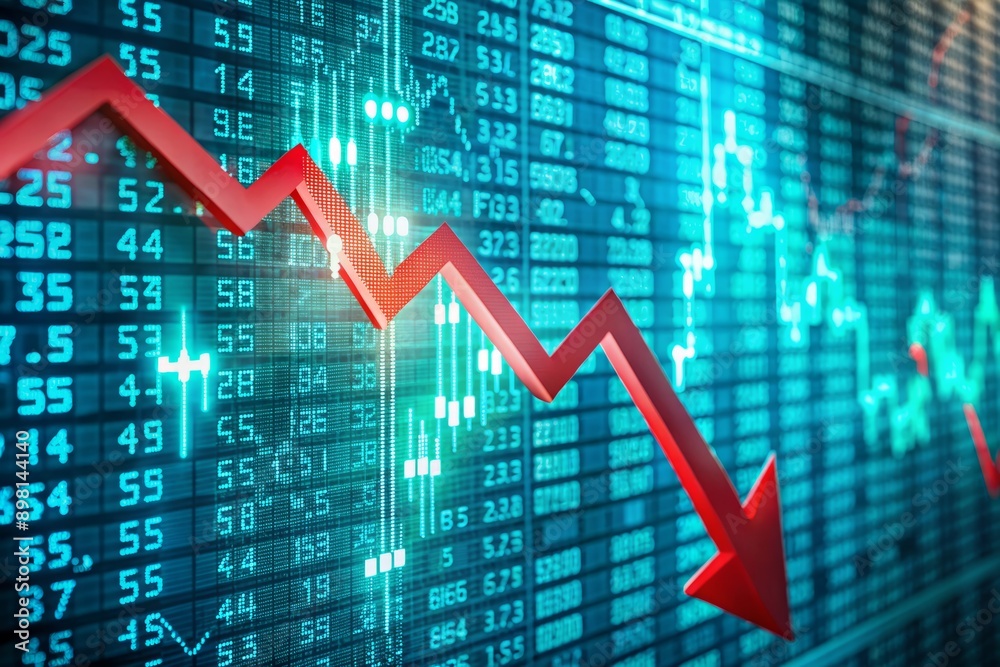 Turquoise digital display showcases plummeting stock market column, red arrows and negative numbers flashing rapidly, conveying a sense of financial crisis and economic downturn. Turquoise digital display showcases plummeting stock market column, red arrows and negative numbers flashing rapidly, conveying a sense of financial crisis and economic downturn.